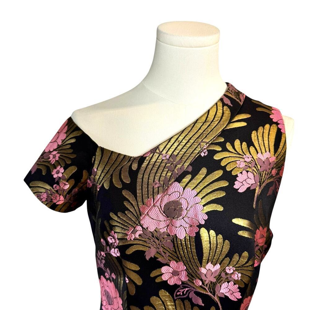 Josie Natori Floral Jacquard Dress Off Shoulder Black Gold Pink Fit Flare Size 4 - Picture 7 of 9